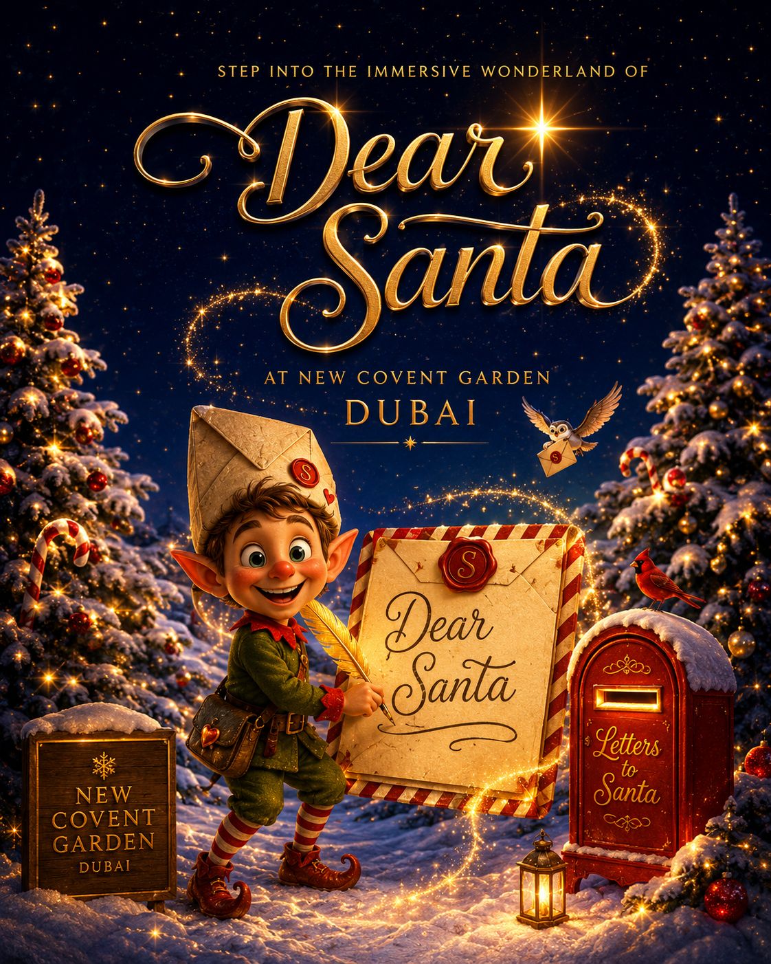 Dear Santa key art poster — step into the immersive wonderland at New Covent Garden, Dubai: Quill holding a giant letter beside a red Letters to Santa postbox in the snow