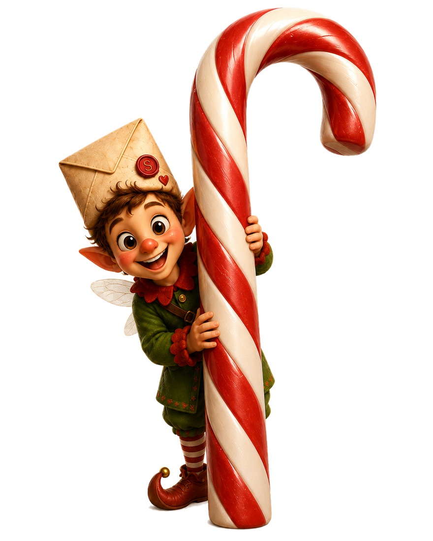 Quill peeking out from behind a giant candy cane