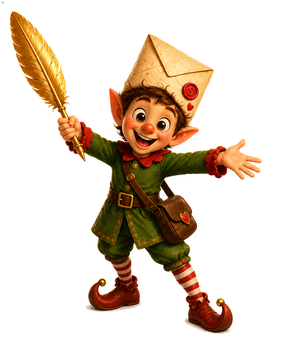 Quill the letter sprite — envelope hat with wax seal, green coat and heart satchel, holding his golden quill aloft