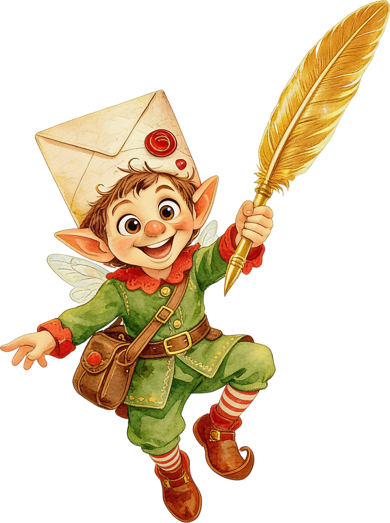 Quill, the letter sprite, holding his golden feather quill