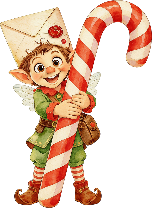 Quill the letter sprite, in his envelope hat and green coat, holding a candy cane