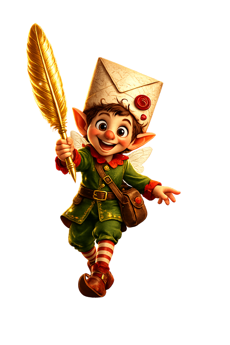 Quill the letter sprite mid-flight, golden quill in hand