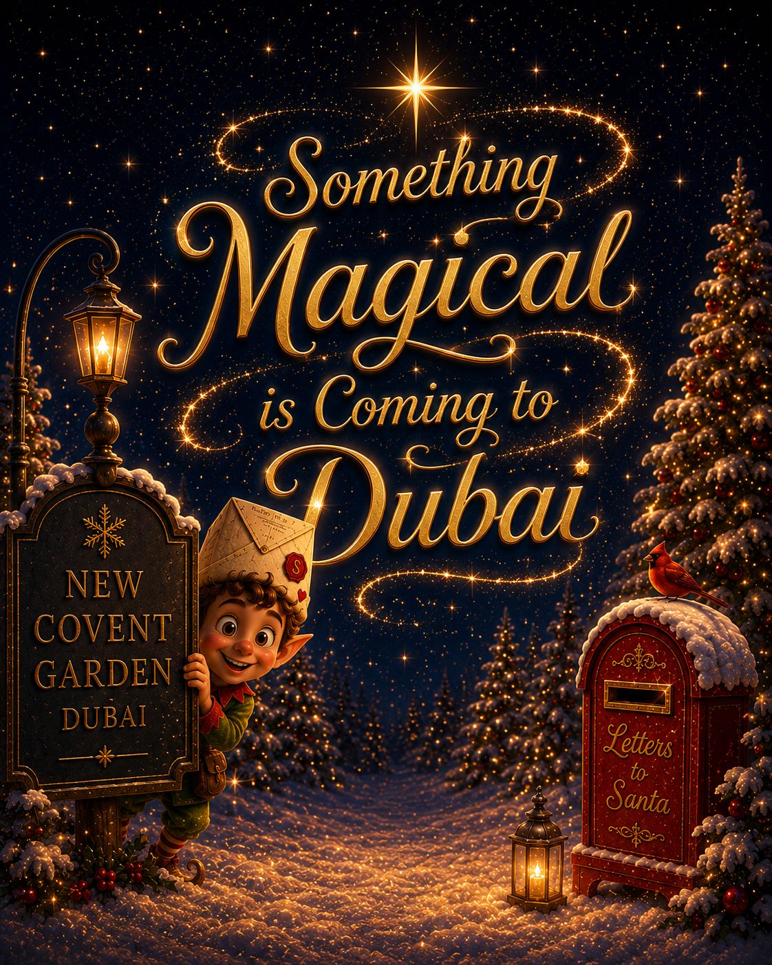 Something magical is coming to Dubai — teaser art with lantern, signpost and red postbox in the snow